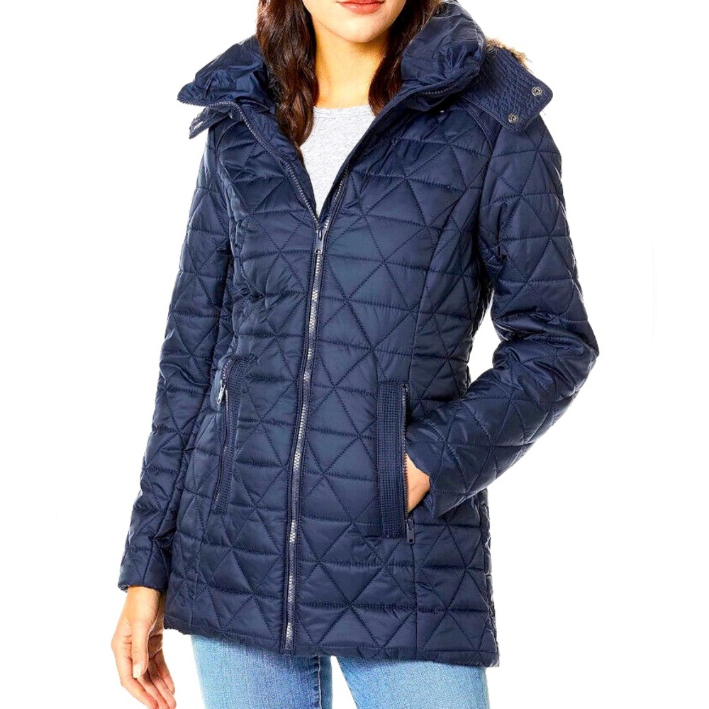 Marc New York Womens Chevron Quilted Down Jacket/Removable Faux Fur Hood L Navy